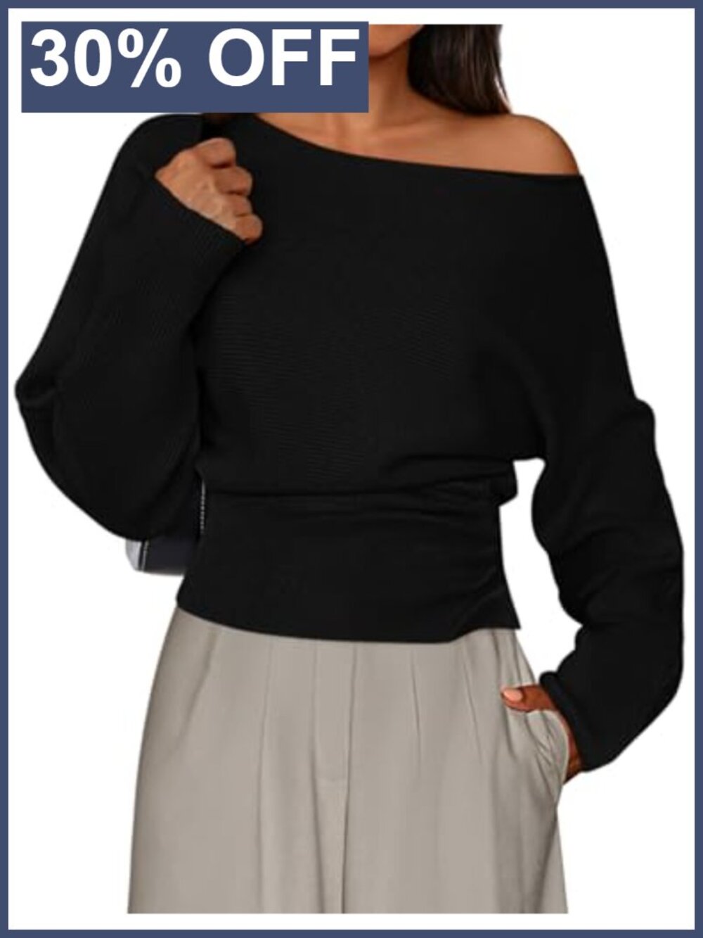 Off the Shoulder Ribbed Knit Pullover Sweater Long Sleeve